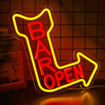 Bar Open Business Neon Sign by Neon.Shop glowing brightly above the entrance of a modern bar, attracting customers day and night