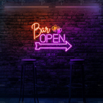 Bar Open neon sign with arrow and beer mugs by Neon.Shop illuminating a pub or lounge storefront