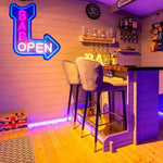 Bar Open Business Neon Sign by Neon.Shop glowing brightly above the entrance of a modern bar, attracting customers day and night