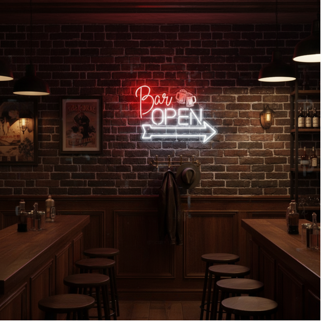 Bar Open neon sign with arrow and beer mugs by Neon.Shop illuminating a pub or lounge storefront