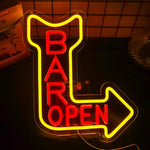 Bar Open Business Neon Sign by Neon.Shop glowing brightly above the entrance of a modern bar, attracting customers day and night