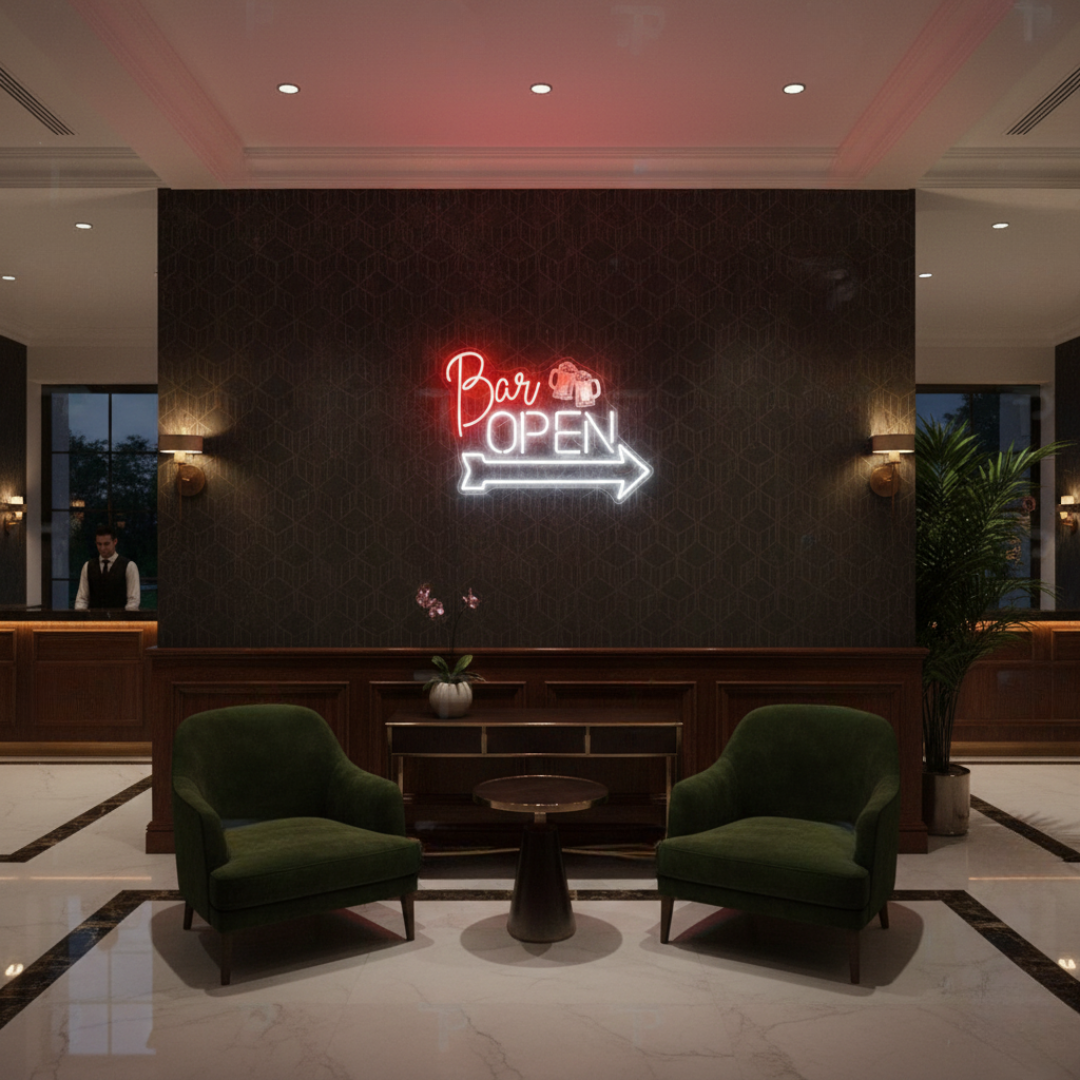Bar Open neon sign with arrow and beer mugs by Neon.Shop illuminating a pub or lounge storefront