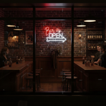 Bar Open neon sign with arrow and beer mugs by Neon.Shop illuminating a pub or lounge storefront