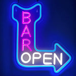 Bar Open Business Neon Sign by Neon.Shop glowing brightly above the entrance of a modern bar, attracting customers day and night