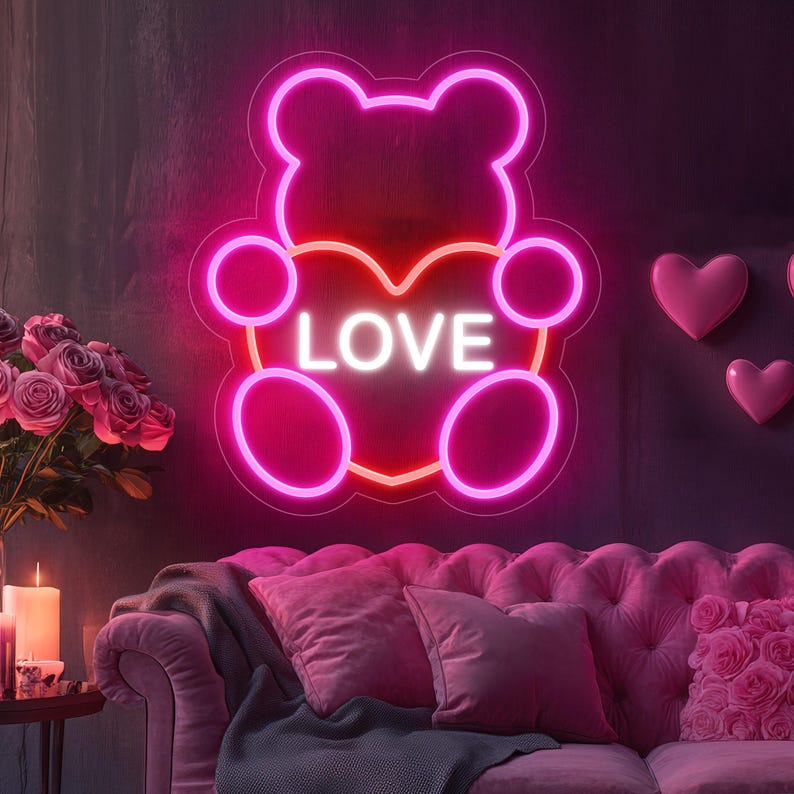 Bear Love Valentine’s Day LED neon sign by Neon.Shop glowing with a cute bear design, perfect for romantic Valentine décor and aesthetic spaces