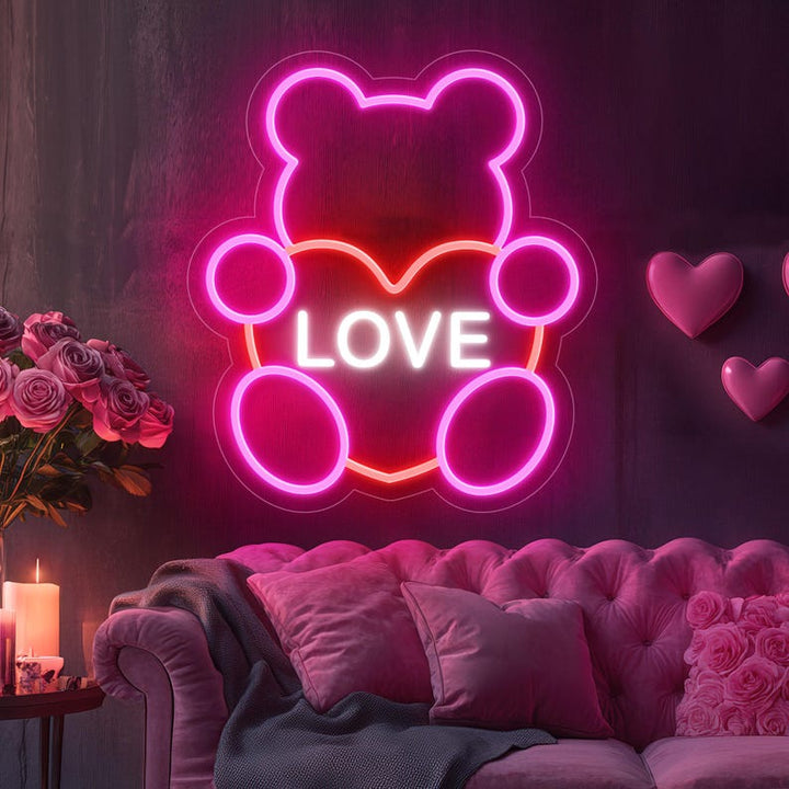 Bear Love Valentine’s Day LED neon sign by Neon.Shop glowing with a cute bear design, perfect for romantic Valentine décor and aesthetic spaces
