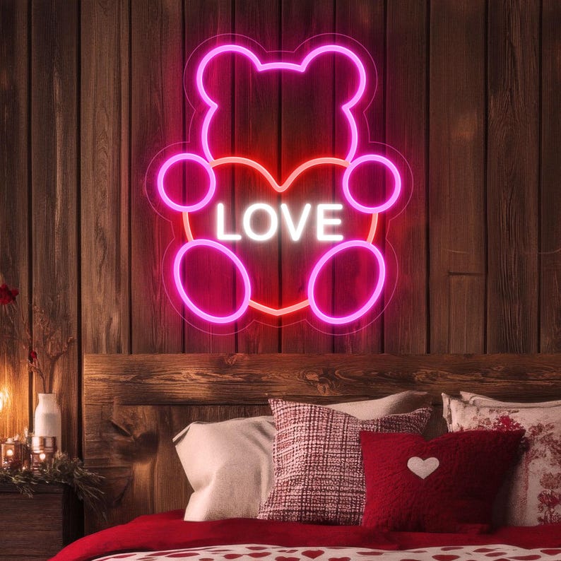 Bear Love Valentine’s Day LED neon sign by Neon.Shop glowing with a cute bear design, perfect for romantic Valentine décor and aesthetic spaces