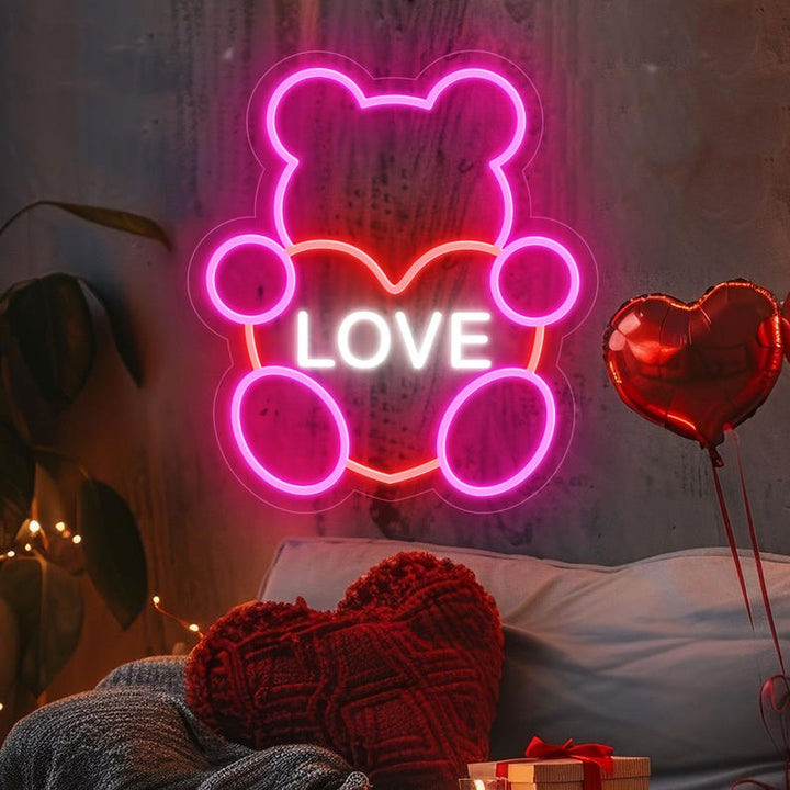 Bear Love Valentine’s Day LED neon sign by Neon.Shop glowing with a cute bear design, perfect for romantic Valentine décor and aesthetic spaces