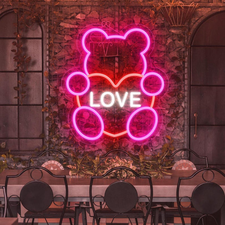 Bear Love Valentine’s Day LED neon sign by Neon.Shop glowing with a cute bear design, perfect for romantic Valentine décor and aesthetic spaces