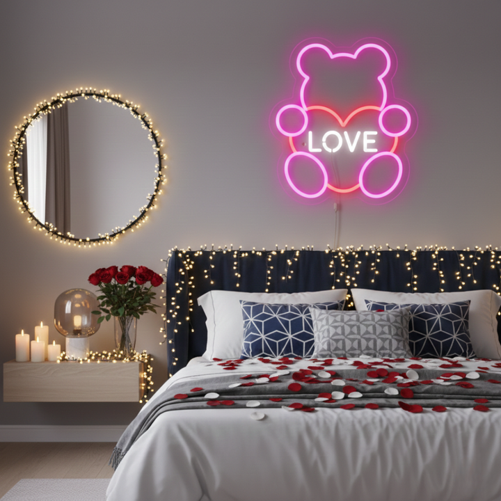 Bear Love Valentine’s Day LED neon sign by Neon.Shop glowing with a cute bear design, perfect for romantic Valentine décor and aesthetic spaces