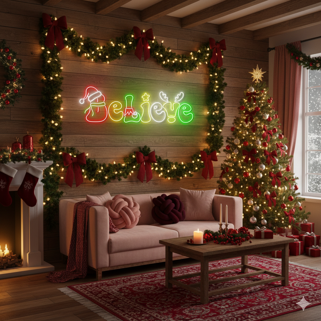 Believe Merry Christmas Neon Sign by Neon.Shop featuring glowing festive script for holiday décor.