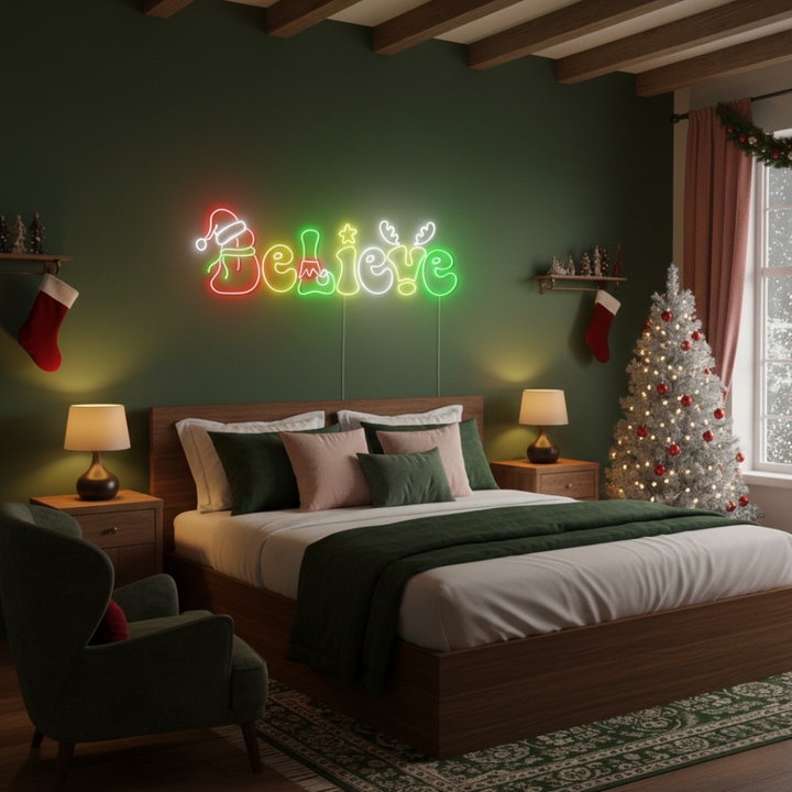 Believe Merry Christmas Neon Sign by Neon.Shop featuring glowing festive script for holiday décor.