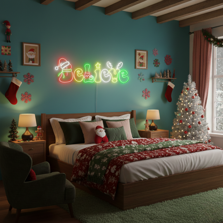Believe Merry Christmas Neon Sign by Neon.Shop featuring glowing festive script for holiday décor.
