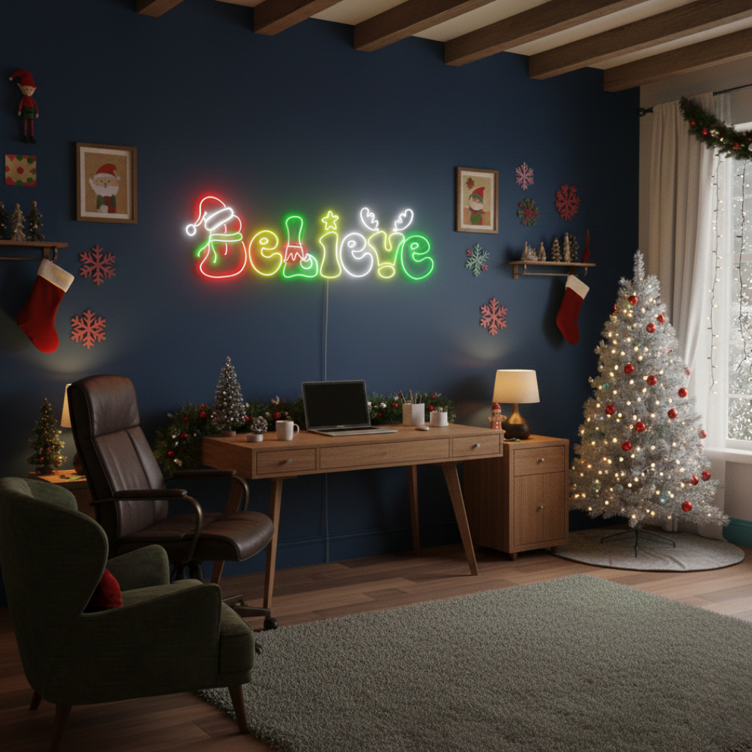 Believe Merry Christmas Neon Sign by Neon.Shop featuring glowing festive script for holiday décor.