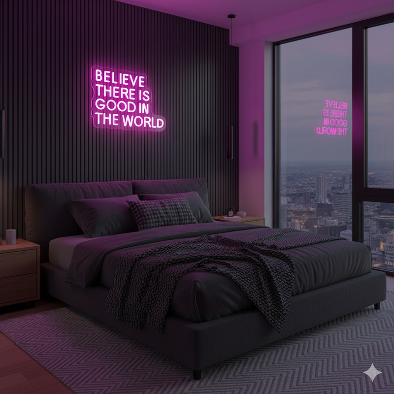 Believe There Is Good In The World” Inspirational Neon Sign by Neon.Shop – LED wall décor for positivity and modern interiors