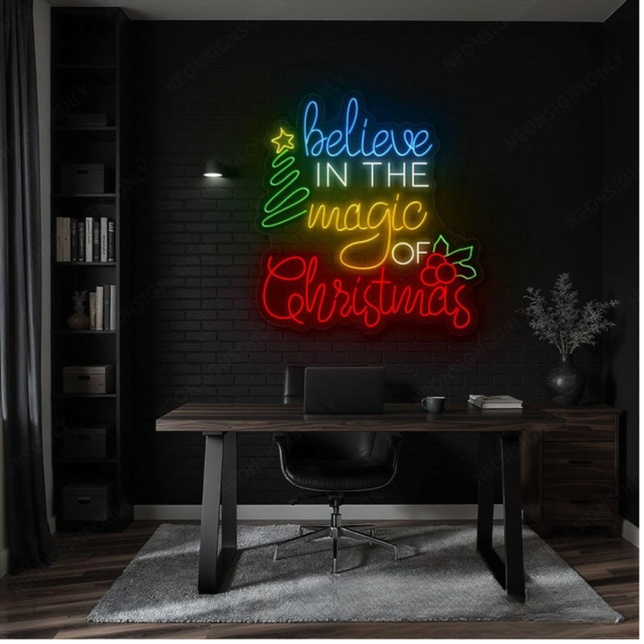 Believe in the Magic of Christmas Merry Christmas LED neon sign glowing in warm festive colors by Neon.Shop.