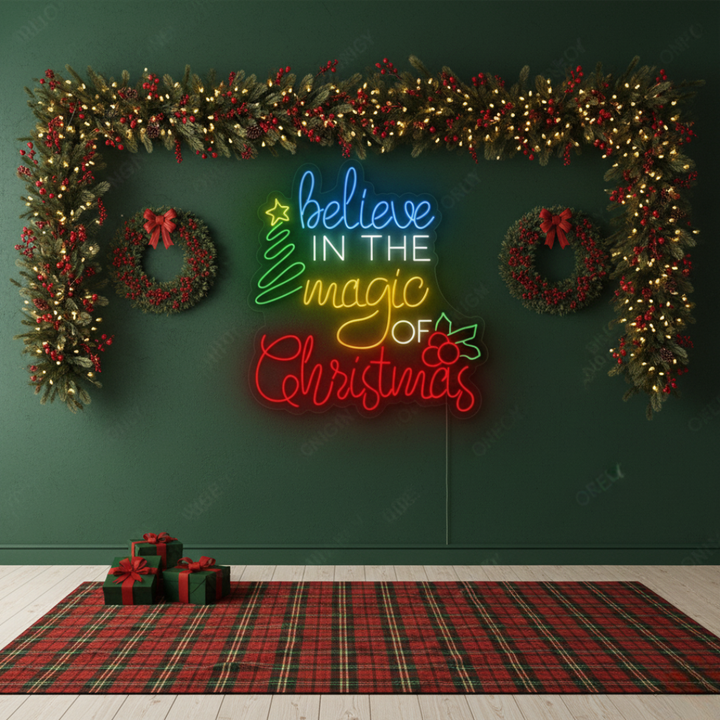 Believe in the Magic of Christmas Merry Christmas LED neon sign glowing in warm festive colors by Neon.Shop.