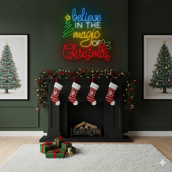Believe in the Magic of Christmas Merry Christmas LED neon sign glowing in warm festive colors by Neon.Shop.