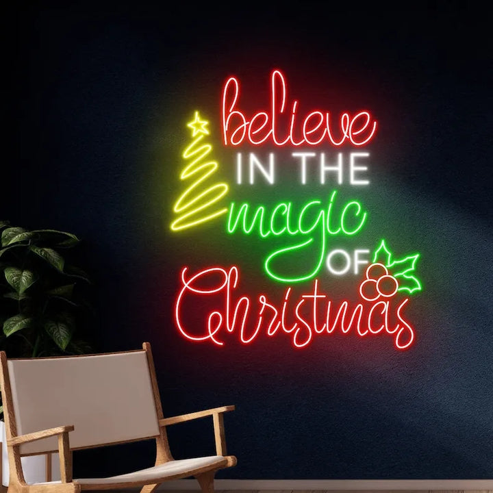 Believe in the Magic of Christmas Merry Christmas LED neon sign glowing in warm festive colors by Neon.Shop.