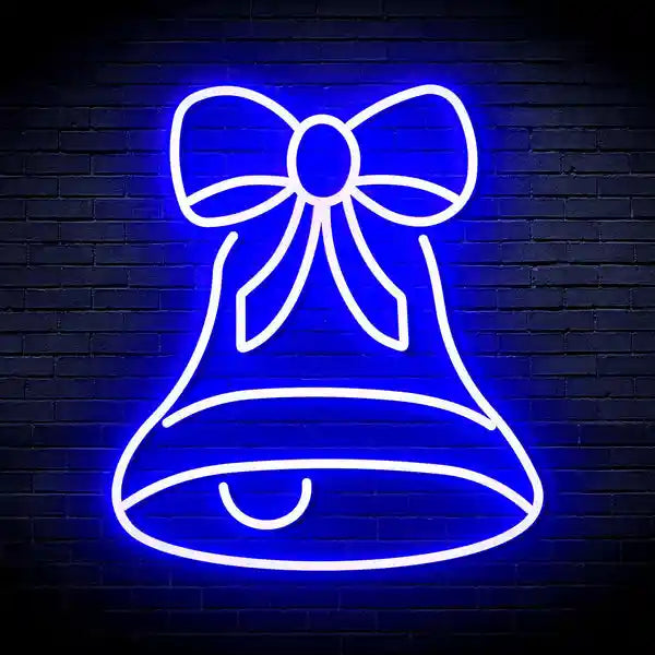 Bell with Ribbon Bow Merry Christmas Neon Sign by manhattanneons.com - Decorate your space with this festive neon sign featuring a bell and ribbon bow.