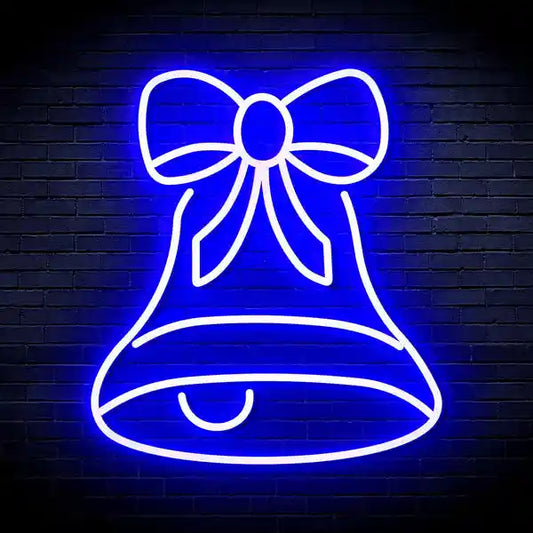 Bell with Ribbon Bow Merry Christmas Neon Sign by Neon.Shop glowing in LED light with bell and ribbon bow design.