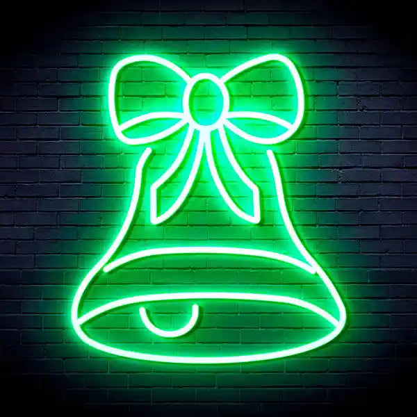 Bell with Ribbon Bow Merry Christmas Neon Sign by manhattanneons.com - Decorate your space with this festive neon sign featuring a bell and ribbon bow.