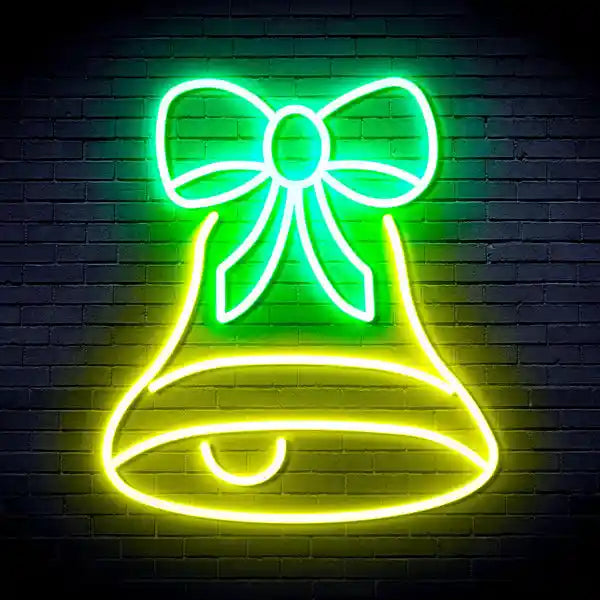 Bell with Ribbon Bow Merry Christmas Neon Sign by manhattanneons.com - Decorate your space with this festive neon sign featuring a bell and ribbon bow.