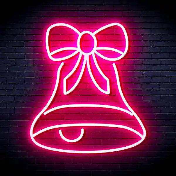 Bell with Ribbon Bow Merry Christmas Neon Sign by manhattanneons.com - Decorate your space with this festive neon sign featuring a bell and ribbon bow.