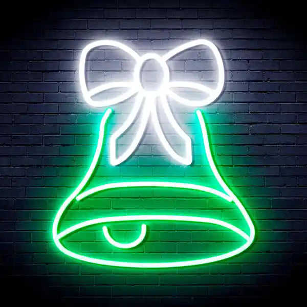 Bell with Ribbon Bow Merry Christmas Neon Sign by manhattanneons.com - Decorate your space with this festive neon sign featuring a bell and ribbon bow.