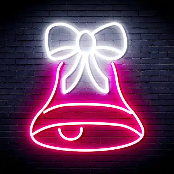 Bell with Ribbon Bow Merry Christmas Neon Sign by manhattanneons.com - Decorate your space with this festive neon sign featuring a bell and ribbon bow.