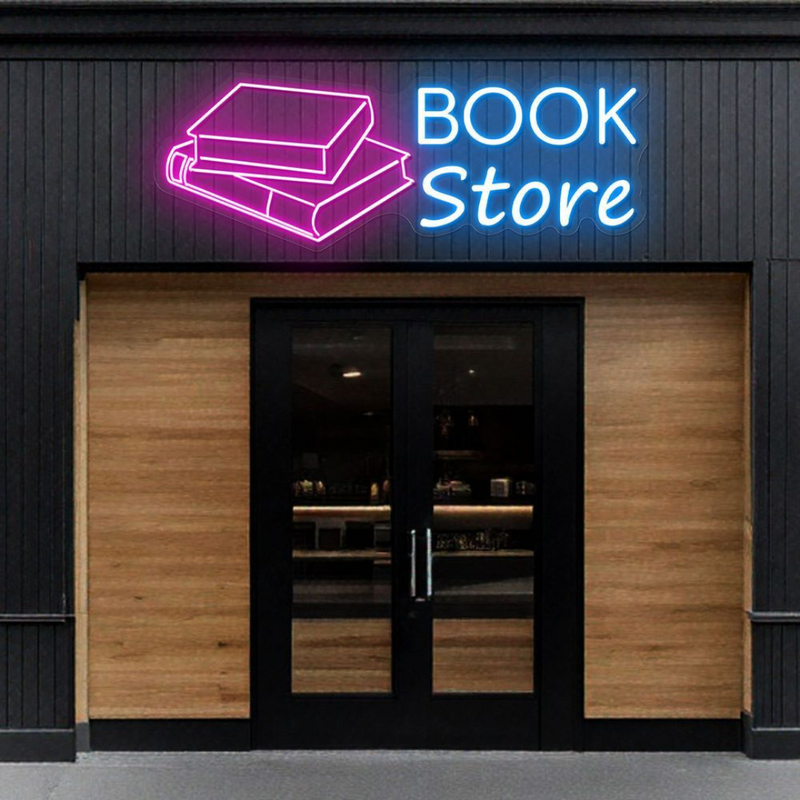 Book Store Business Neon Sign by Neon.Shop glowing in a cozy bookstore