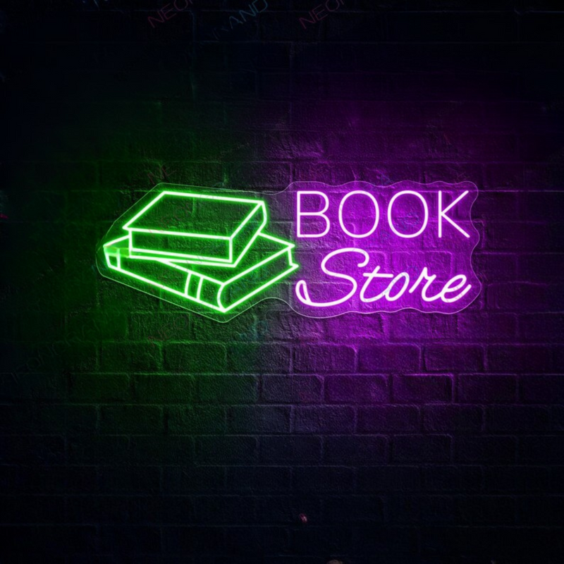 Book Store Business Neon Sign by Neon.Shop glowing in a cozy bookstore