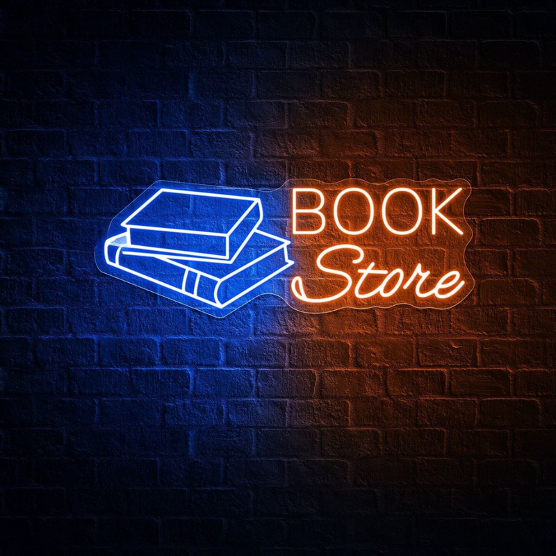 Book Store Business Neon Sign by Neon.Shop glowing in a cozy bookstore