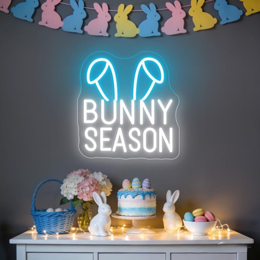Bright Bunny Season Easter neon wall sign featuring colorful LED lighting perfect for spring celebrations and festive Easter decorations by Neon.Shop.