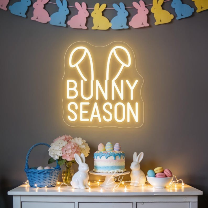 Bright Bunny Season Easter neon wall sign featuring colorful LED lighting perfect for spring celebrations and festive Easter decorations by Neon.Shop.