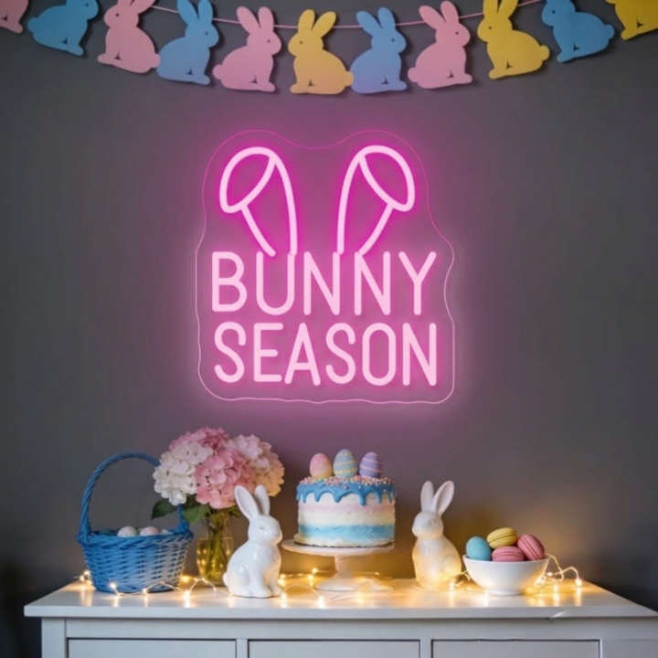 Bright Bunny Season Easter neon wall sign featuring colorful LED lighting perfect for spring celebrations and festive Easter decorations by Neon.Shop.