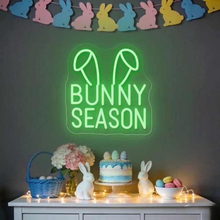 Bright Bunny Season Easter neon wall sign featuring colorful LED lighting perfect for spring celebrations and festive Easter decorations by Neon.Shop.