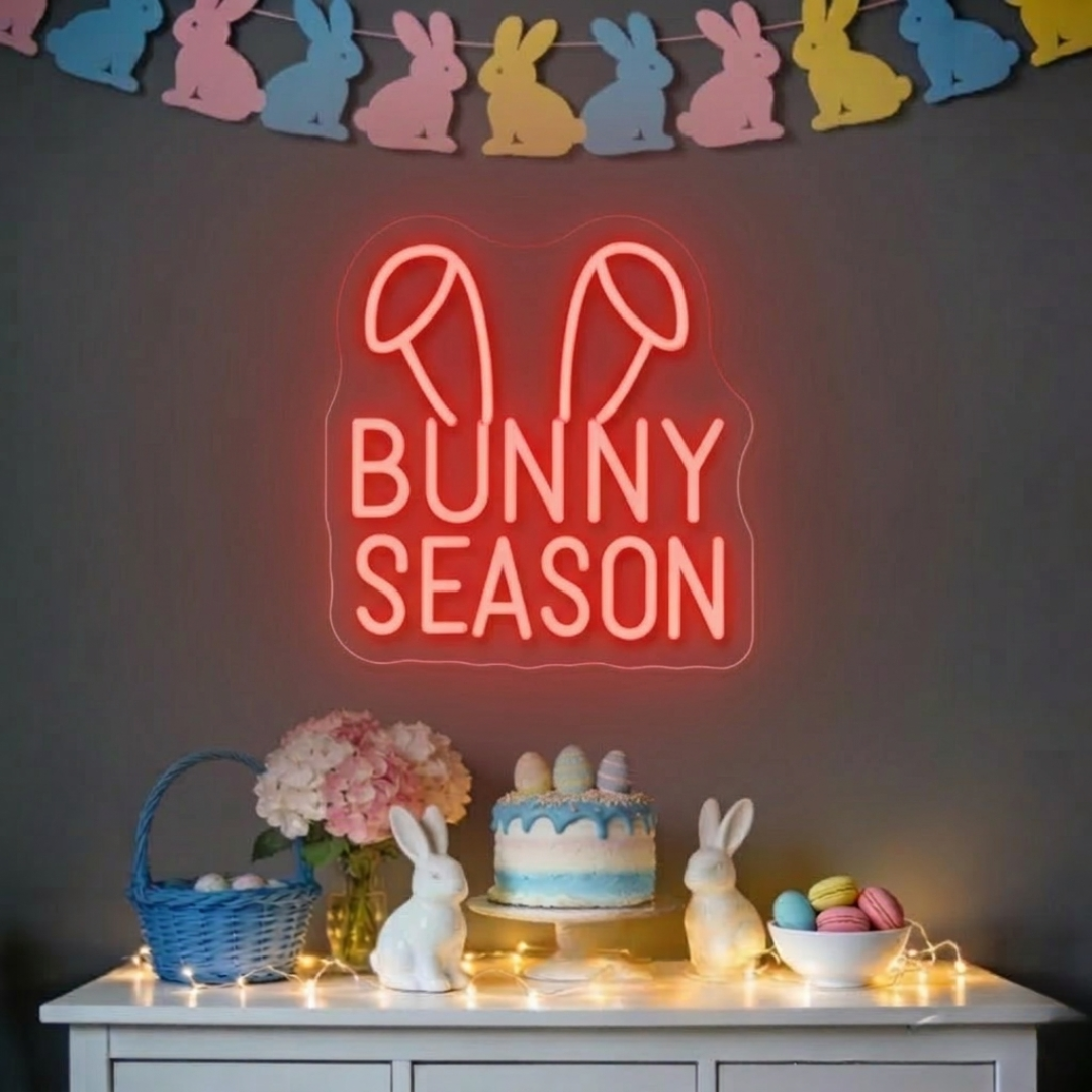 Bright Bunny Season Easter neon wall sign featuring colorful LED lighting perfect for spring celebrations and festive Easter decorations by Neon.Shop.