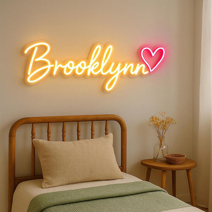 BROOKLYNN LED Neon Name Sign by Neon.Shop adding vibrant LED glow to bedrooms, home offices, and living spaces.