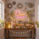 Bunny Easter Greetings neon sign glowing on wall for festive decor by LEDNeons