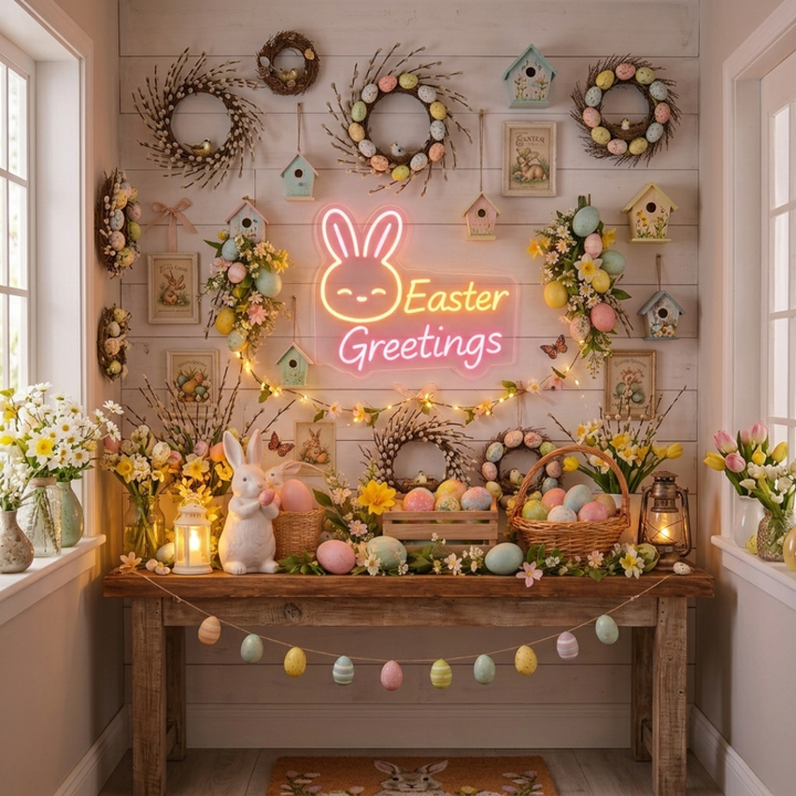 Bunny Easter Greetings neon sign glowing on wall for festive decor by LEDNeons