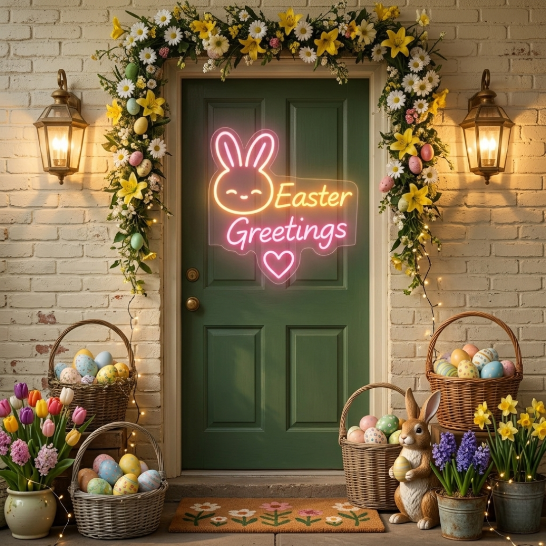 Bunny Easter Greetings neon sign glowing on wall for festive decor by LEDNeons