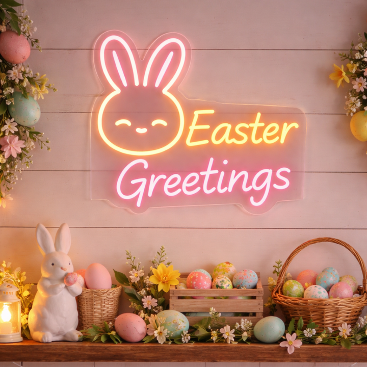 Bunny Easter Greetings neon sign glowing on wall for festive decor by LEDNeons
