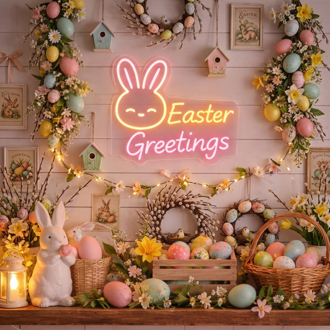 Bunny Easter Greetings neon sign glowing on wall for festive decor by LEDNeons