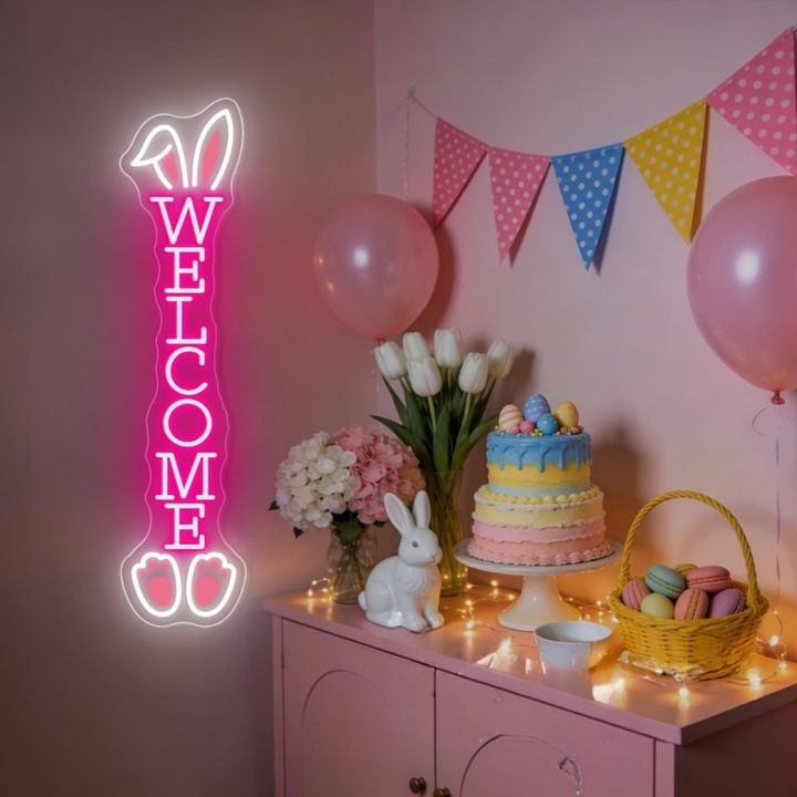 Bunny Welcome Easter LED neon sign glowing on wall with cute bunny and welcome message for entryway decor, party setup, or shop display by Neon.Shop.