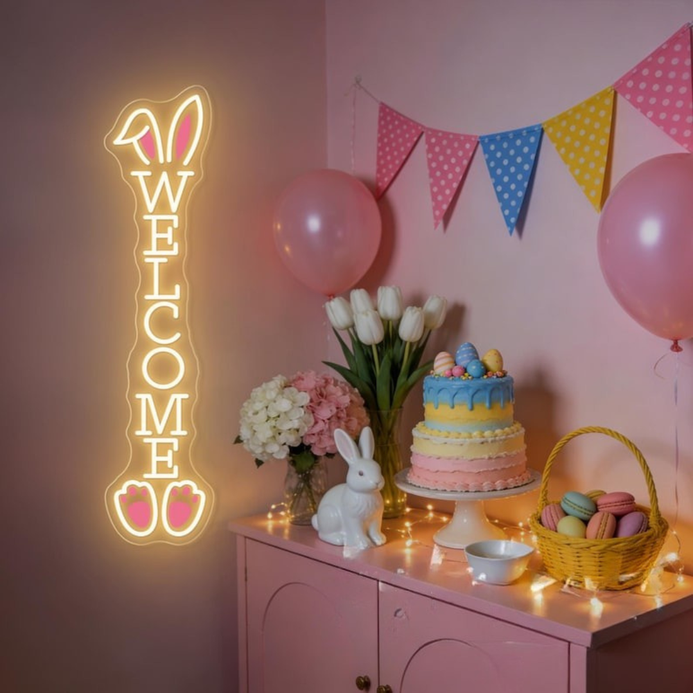 Bunny Welcome Easter LED neon sign glowing on wall with cute bunny and welcome message for entryway decor, party setup, or shop display by Neon.Shop.