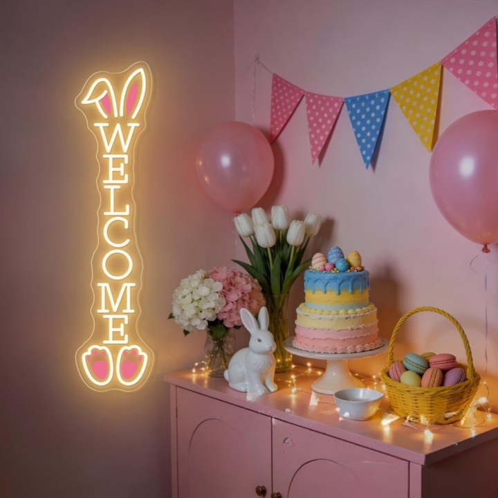Bunny Welcome Easter LED neon sign glowing on wall with cute bunny and welcome message for entryway decor, party setup, or shop display by Neon.Shop.