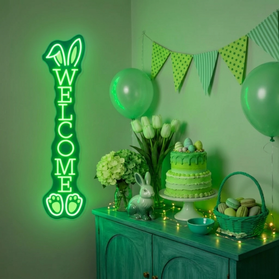 Bunny Welcome Easter LED neon sign glowing on wall with cute bunny and welcome message for entryway decor, party setup, or shop display by Neon.Shop.