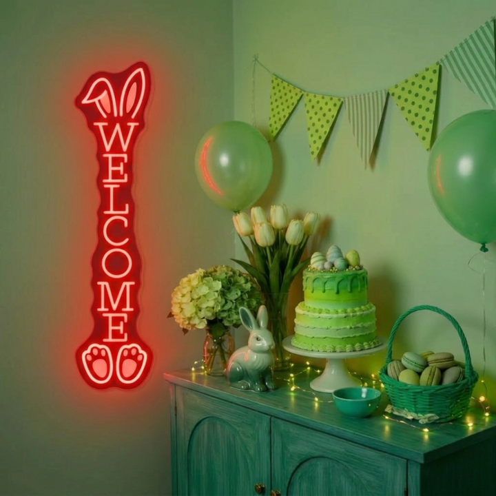 Bunny Welcome Easter LED neon sign glowing on wall with cute bunny and welcome message for entryway decor, party setup, or shop display by Neon.Shop.