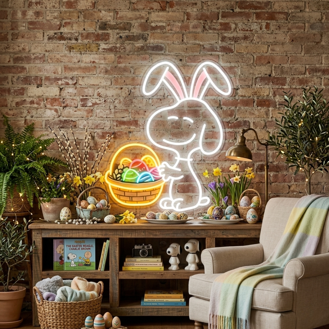 Bunny and Egg LED neon sign on wall for Easter decor Neon.Shop
